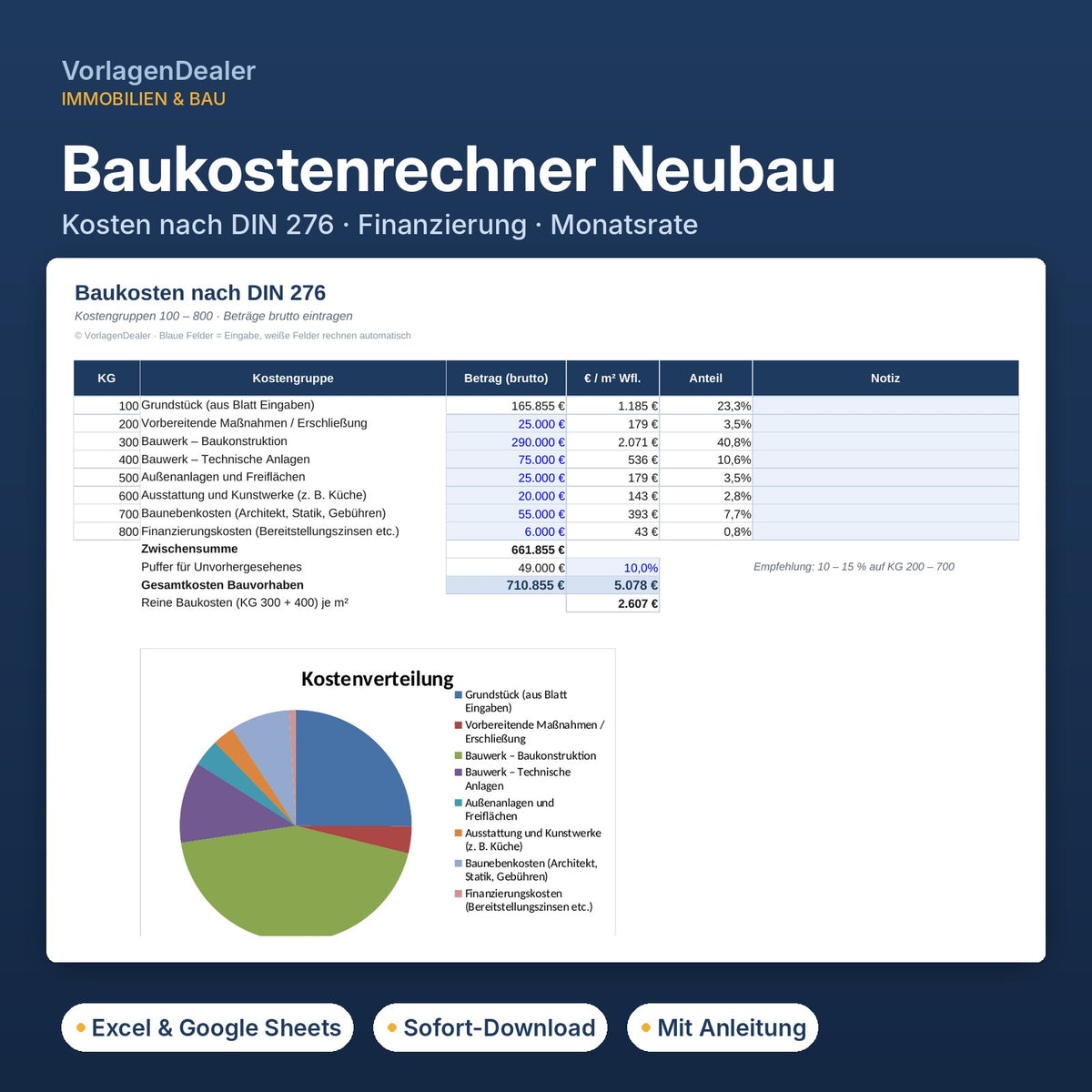 Baukostenrechner Neubau Excel-Vorlage: Kostenübersicht nach DIN 276 mit Finanzierung und Monatsrate