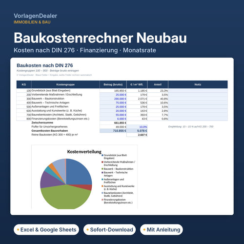 Baukostenrechner Neubau Excel-Vorlage: Kostenübersicht nach DIN 276 mit Finanzierung und Monatsrate