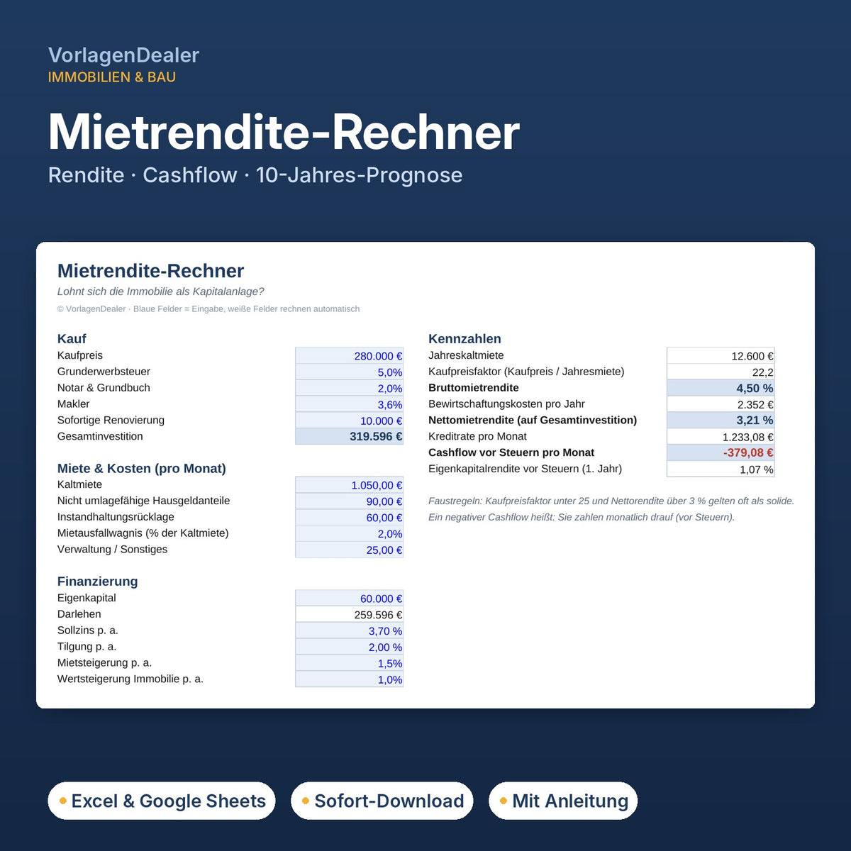 Mietrendite-Rechner Excel-Vorlage: Rendite, Cashflow und 10-Jahres-Prognose für Kapitalanleger