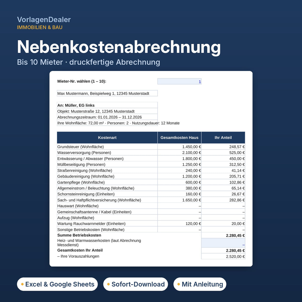 Nebenkostenabrechnung Excel-Vorlage für Vermieter mit Umlageschlüsseln und druckfertiger Abrechnung