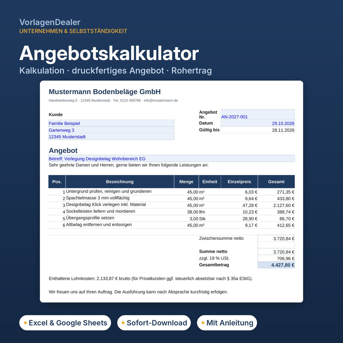 Angebotskalkulator Excel-Vorlage für Handwerker mit druckfertigem Angebot
