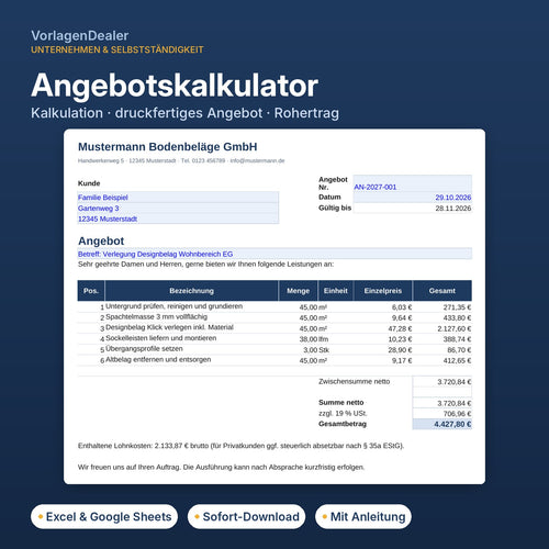 Angebotskalkulator Excel-Vorlage für Handwerker mit druckfertigem Angebot