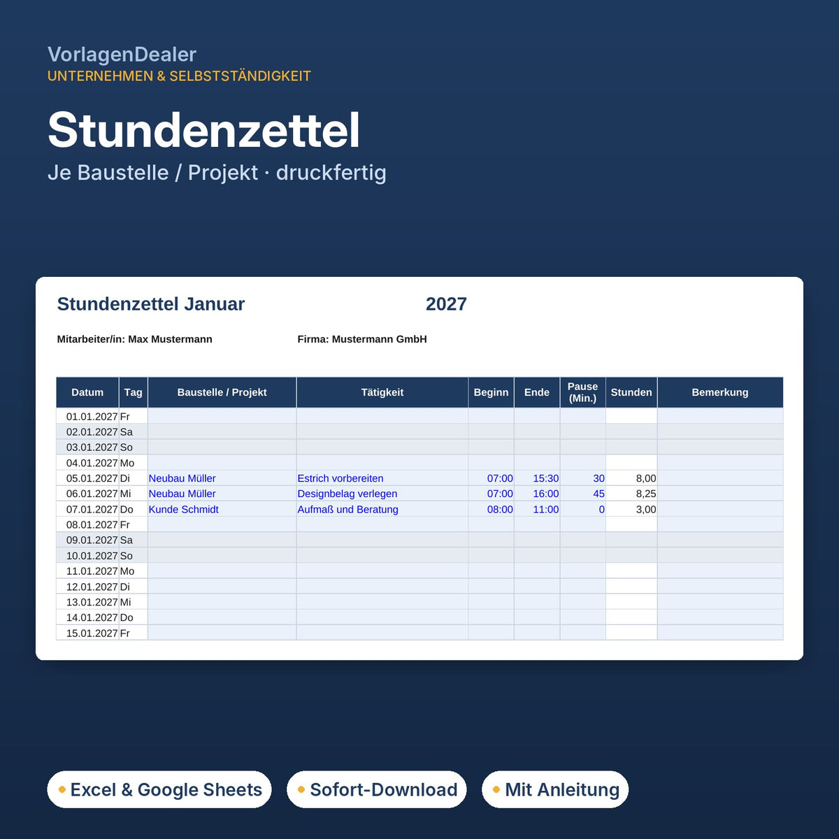 Stundenzettel Excel-Vorlage für 12 Monate, pro Baustelle oder Projekt, druckfertig