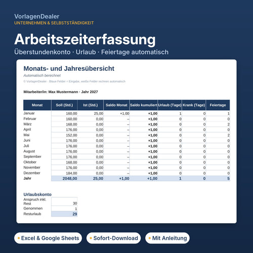 Arbeitszeiterfassung Excel-Vorlage mit Überstundenkonto, Urlaub und Feiertagen