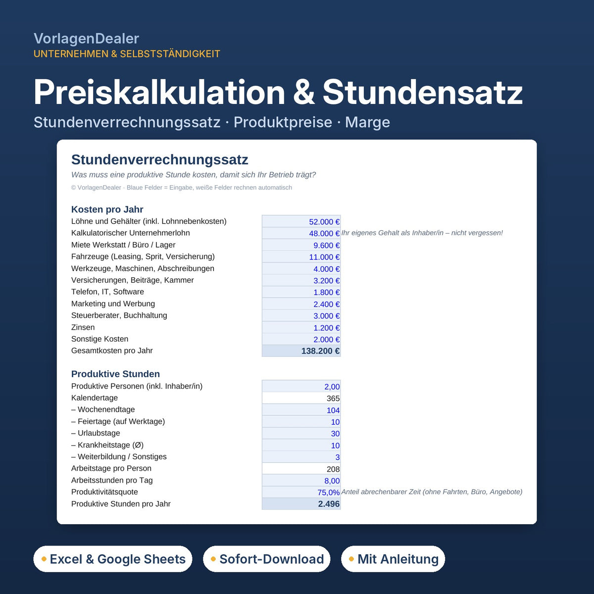 Preiskalkulation und Stundensatz-Rechner Excel-Vorlage mit Marge