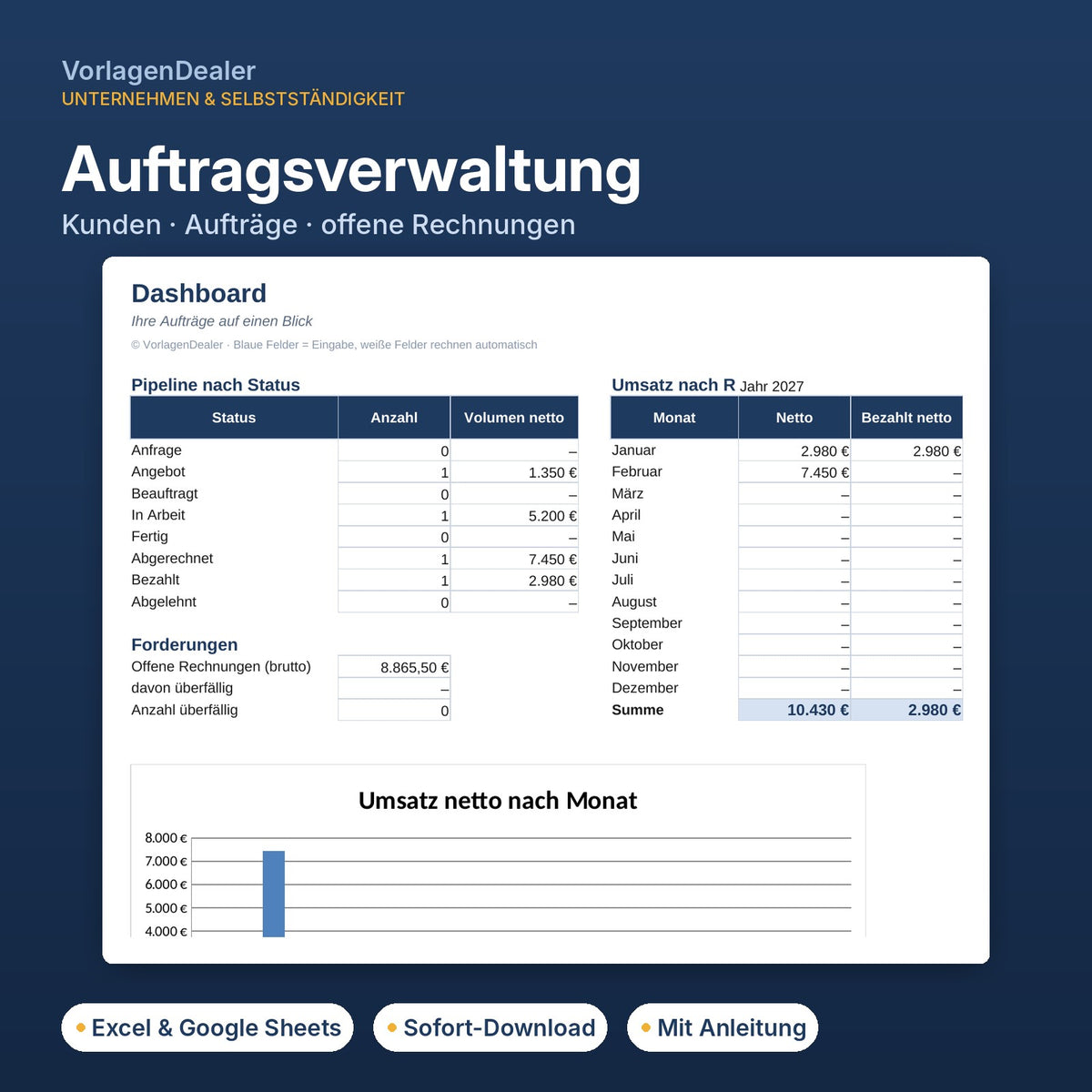 Auftragsverwaltung Excel-Vorlage mit Dashboard, Kunden, Aufträgen und offenen Rechnungen