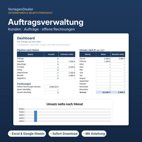 Auftragsverwaltung Excel-Vorlage mit Dashboard, Kunden, Aufträgen und offenen Rechnungen