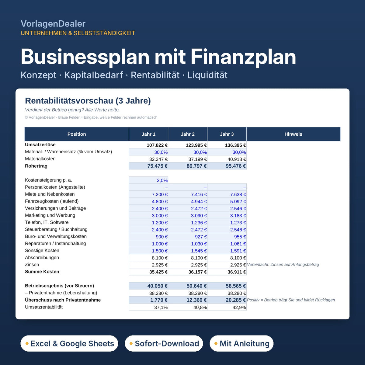 Businessplan mit Finanzplan Excel-Vorlage: Kapitalbedarf, Rentabilität und Liquidität