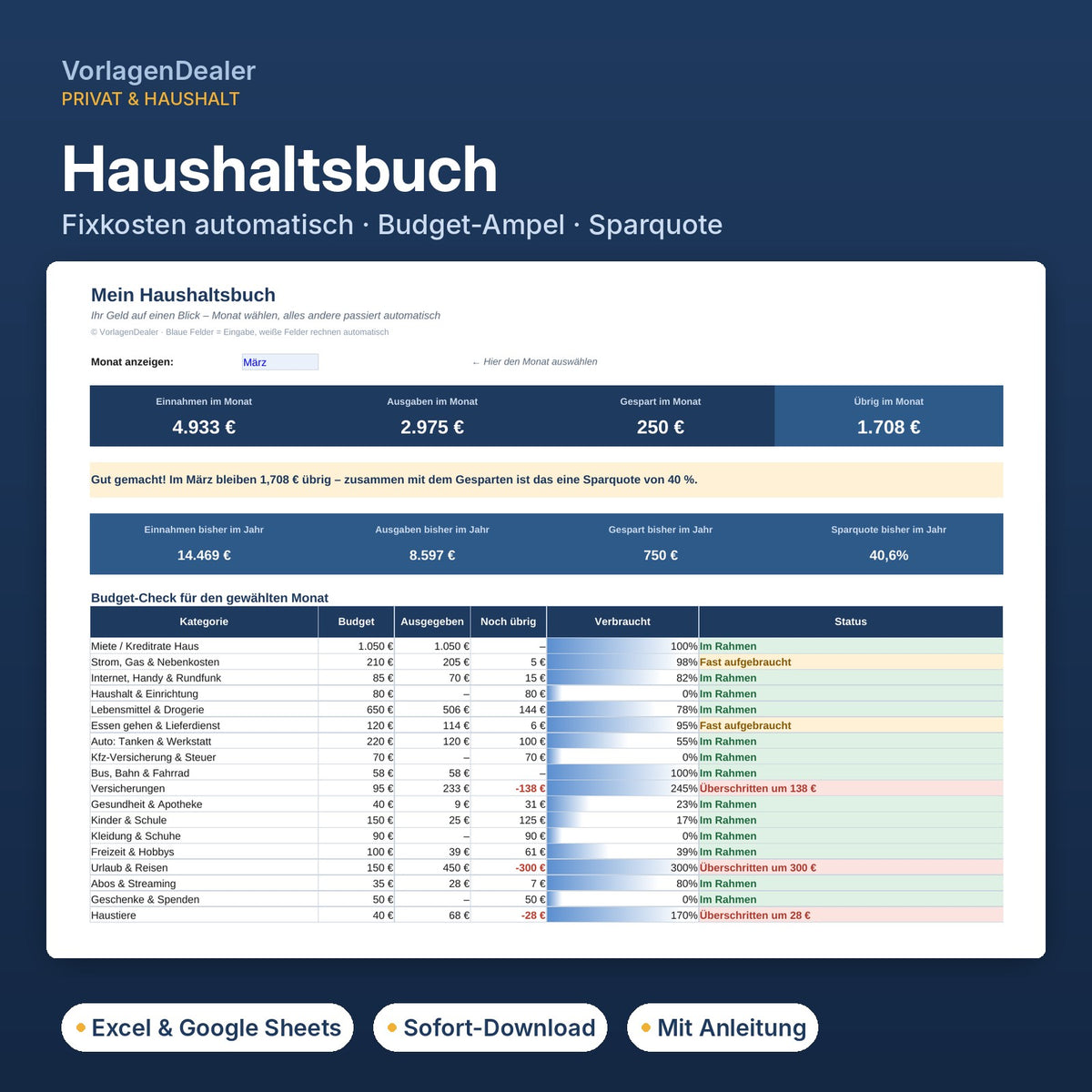 Haushaltsbuch Excel-Vorlage – Übersicht mit Budget-Check und Sparquote