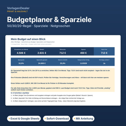 Budgetplaner & Sparziele Excel-Vorlage – 50/30/20-Übersicht