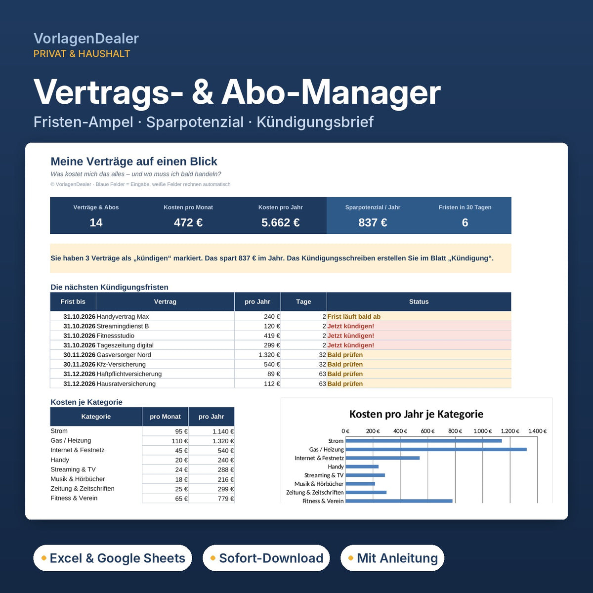 Vertrags- & Abo-Manager Excel-Vorlage – Kündigungsfristen mit Ampel