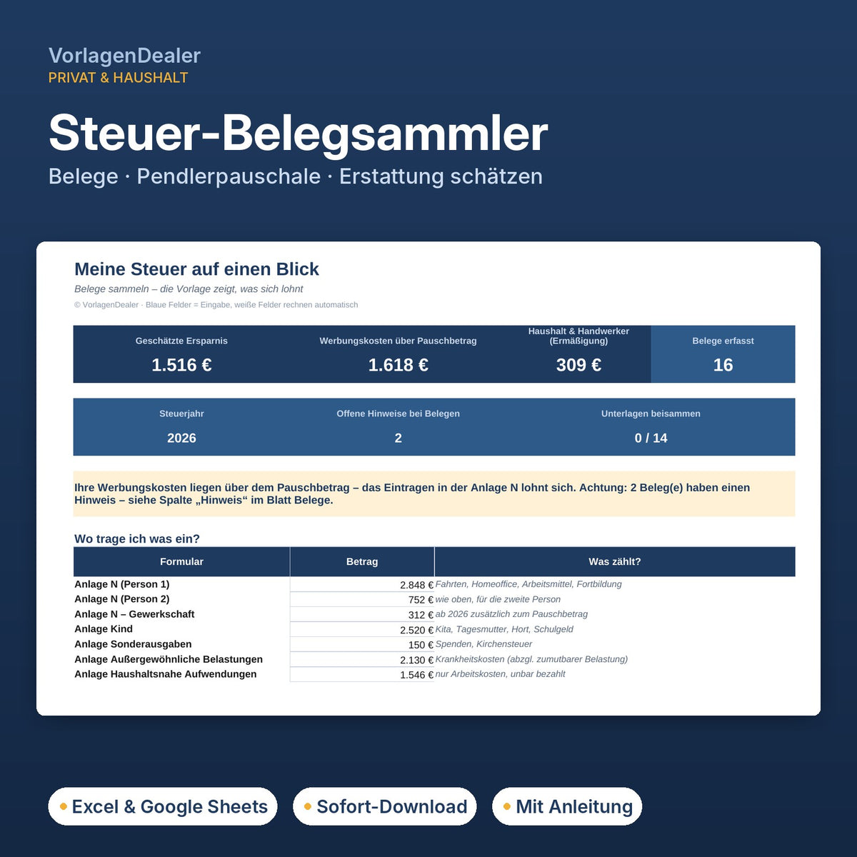 Steuer-Belegsammler Excel-Vorlage – Übersicht für die Steuererklärung