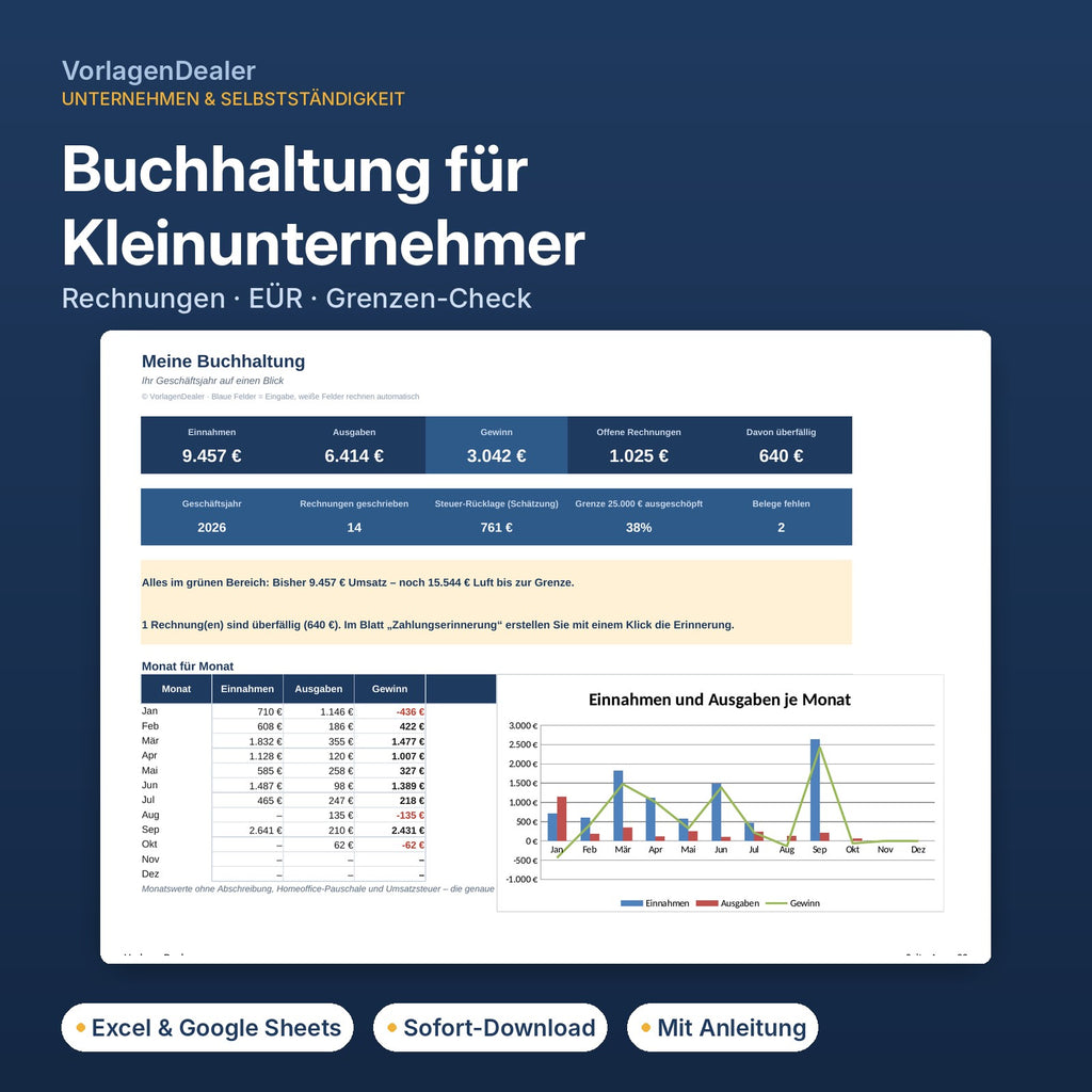Buchhaltung für Kleinunternehmer Excel-Vorlage – Übersicht mit Gewinn und offenen Rechnungen