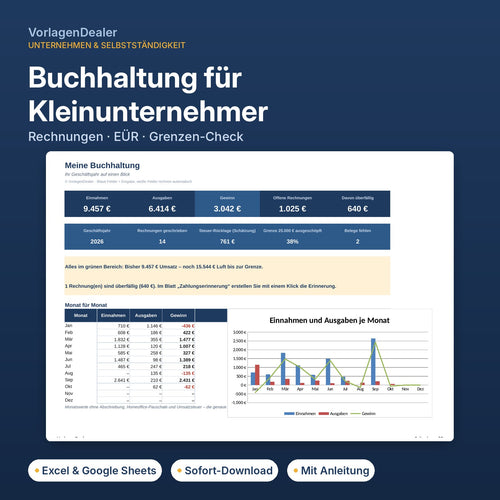 Buchhaltung für Kleinunternehmer Excel-Vorlage – Übersicht mit Gewinn und offenen Rechnungen