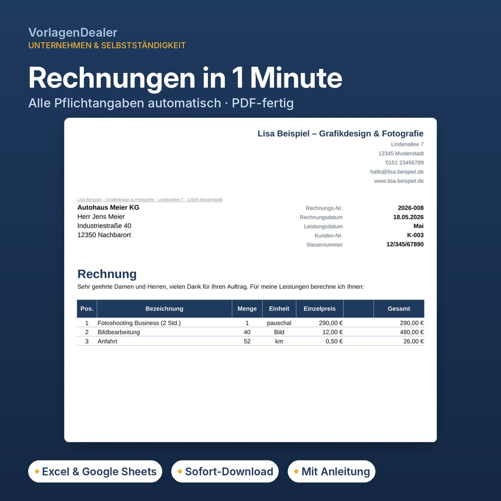Excel-Rechnungsvorlage für Kleinunternehmer mit Hinweis nach § 19 UStG