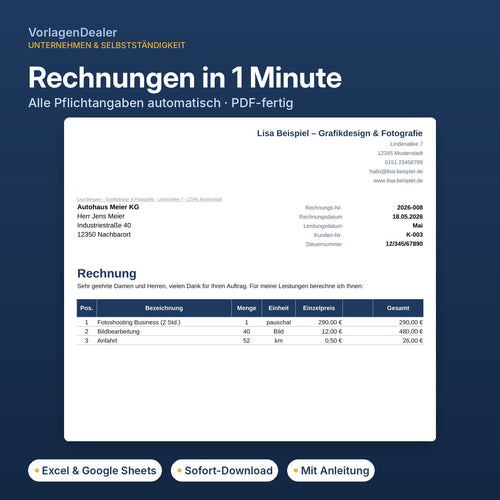 Excel-Rechnungsvorlage für Kleinunternehmer mit Hinweis nach § 19 UStG