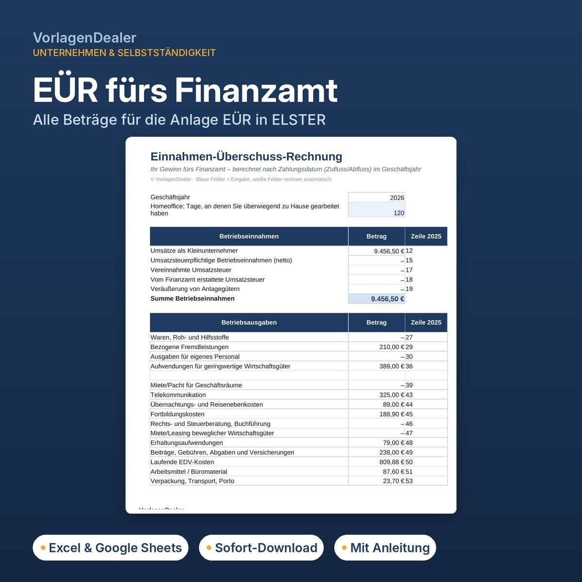 Einnahmen-Überschuss-Rechnung (EÜR) in Excel für die Anlage EÜR