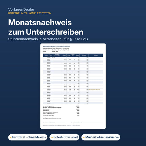 Monatsnachweis je Mitarbeiter zum Unterschreiben