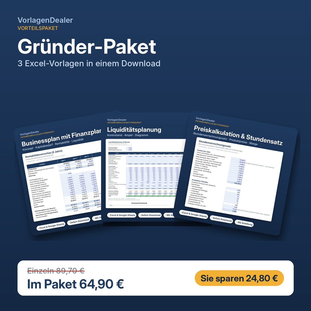 Gründer-Paket: Businessplan, Liquiditätsplanung und Preiskalkulation als Excel-Vorlagen