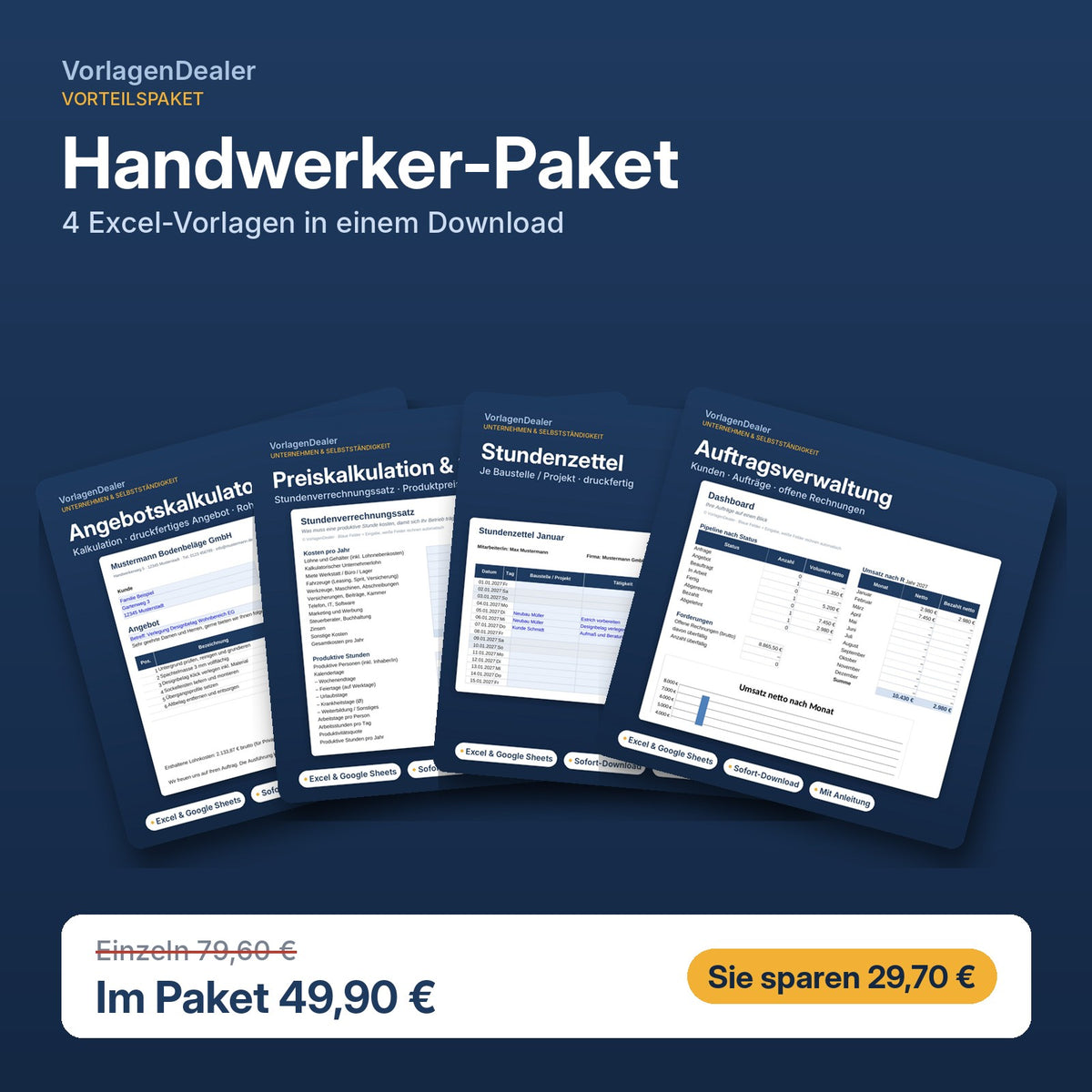 Handwerker-Paket: 4 Excel-Vorlagen für Handwerksbetriebe im Paket